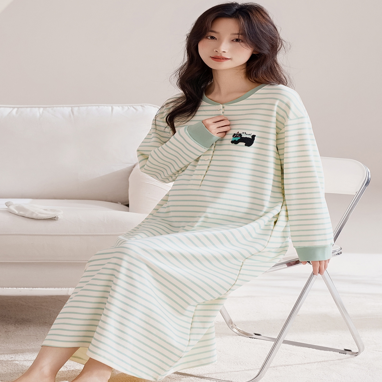 91家纺网 家纺一手货源 找家纺 洛兰沙家居馆 2026新款长袖全棉纯棉孕妇睡裙女带胸垫产前产后哺乳喂奶月子服连衣裙 月子裙1