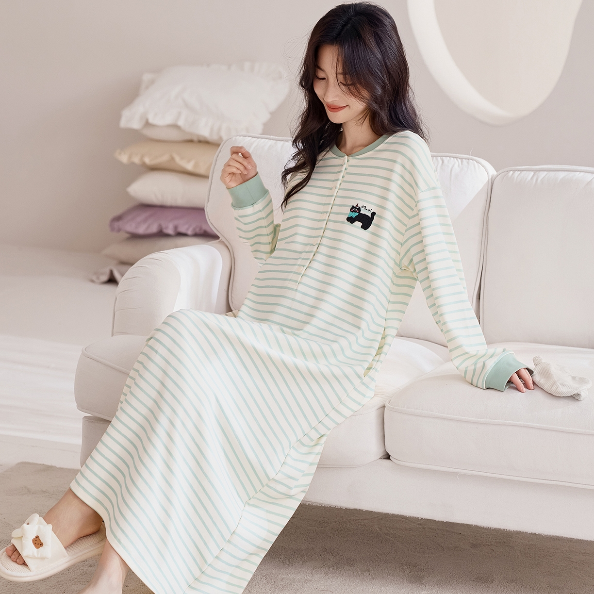 91家纺网 家纺一手货源 找家纺 洛兰沙家居馆 2026新款长袖全棉纯棉孕妇睡裙女带胸垫产前产后哺乳喂奶月子服连衣裙 月子裙1