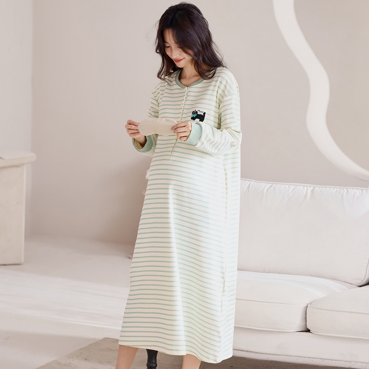 91家纺网 家纺一手货源 找家纺 洛兰沙家居馆 2026新款长袖全棉纯棉孕妇睡裙女带胸垫产前产后哺乳喂奶月子服连衣裙 月子裙1