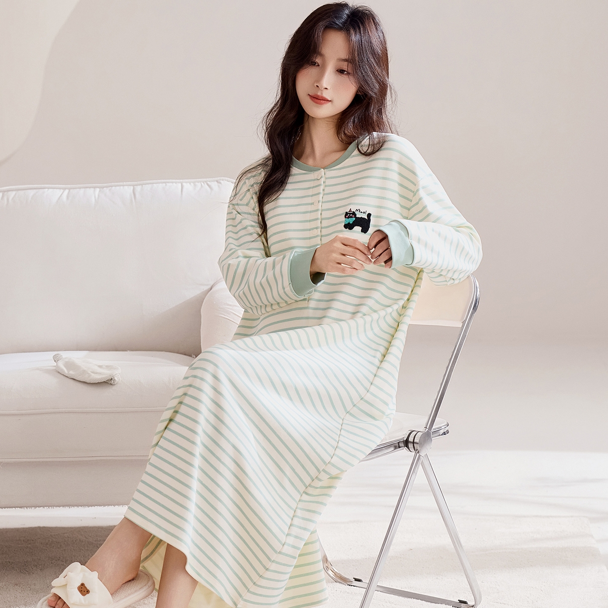 91家纺网 家纺一手货源 找家纺 洛兰沙家居馆 2026新款长袖全棉纯棉孕妇睡裙女带胸垫产前产后哺乳喂奶月子服连衣裙 月子裙1