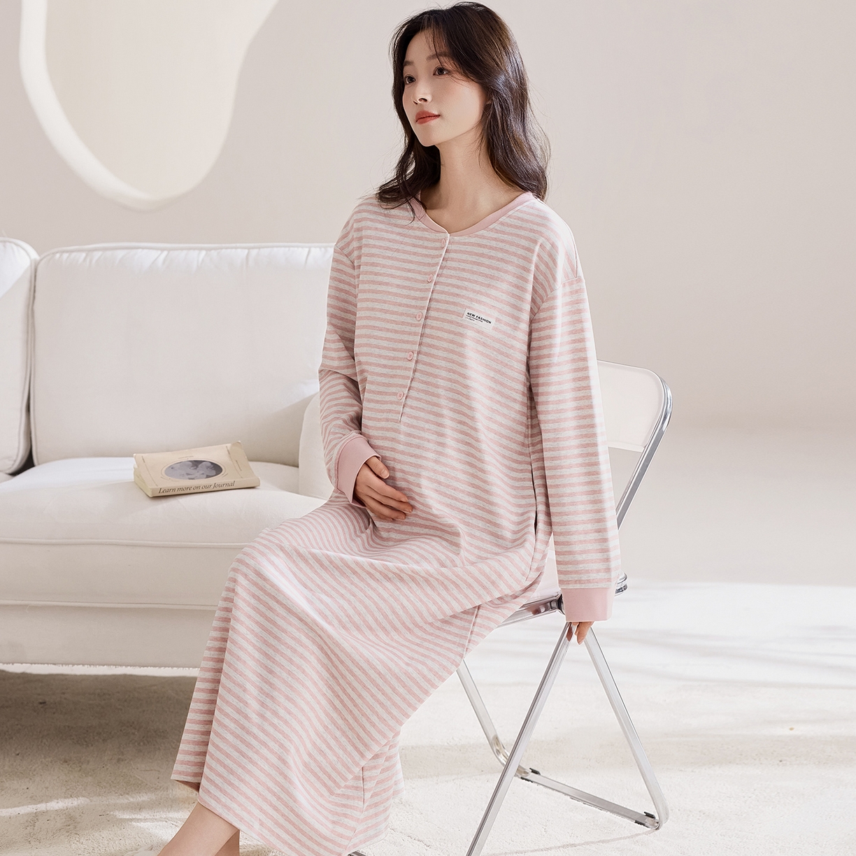 91家纺网 家纺一手货源 找家纺 洛兰沙家居馆 2026新款长袖全棉纯棉孕妇睡裙女带胸垫产前产后哺乳喂奶月子服连衣裙 月子裙2