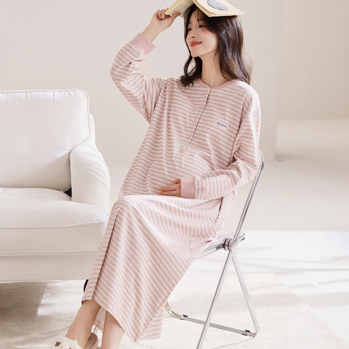 91家纺网 家纺一手货源 找家纺 洛兰沙家居馆 2026新款长袖全棉纯棉孕妇睡裙女带胸垫产前产后哺乳喂奶月子服连衣裙 月子裙2