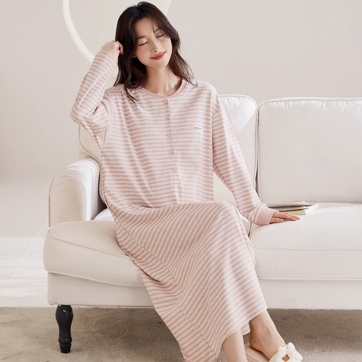 91家纺网 家纺一手货源 找家纺 洛兰沙家居馆 2026新款长袖全棉纯棉孕妇睡裙女带胸垫产前产后哺乳喂奶月子服连衣裙 月子裙2