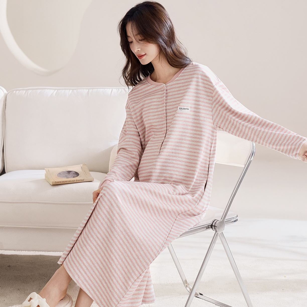 91家纺网 家纺一手货源 找家纺 洛兰沙家居馆 2026新款长袖全棉纯棉孕妇睡裙女带胸垫产前产后哺乳喂奶月子服连衣裙 月子裙2