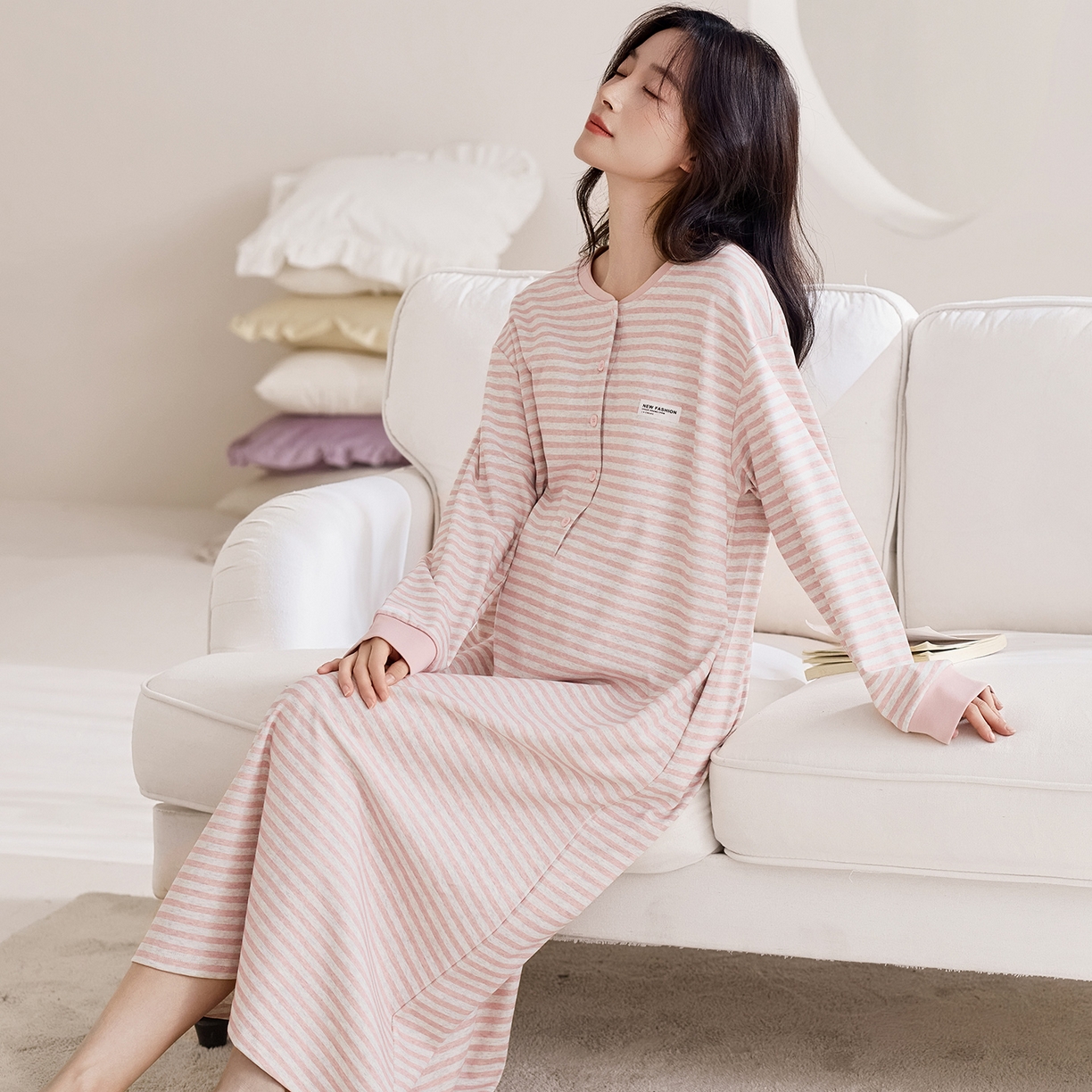 91家纺网 家纺一手货源 找家纺 洛兰沙家居馆 2026新款长袖全棉纯棉孕妇睡裙女带胸垫产前产后哺乳喂奶月子服连衣裙 月子裙2