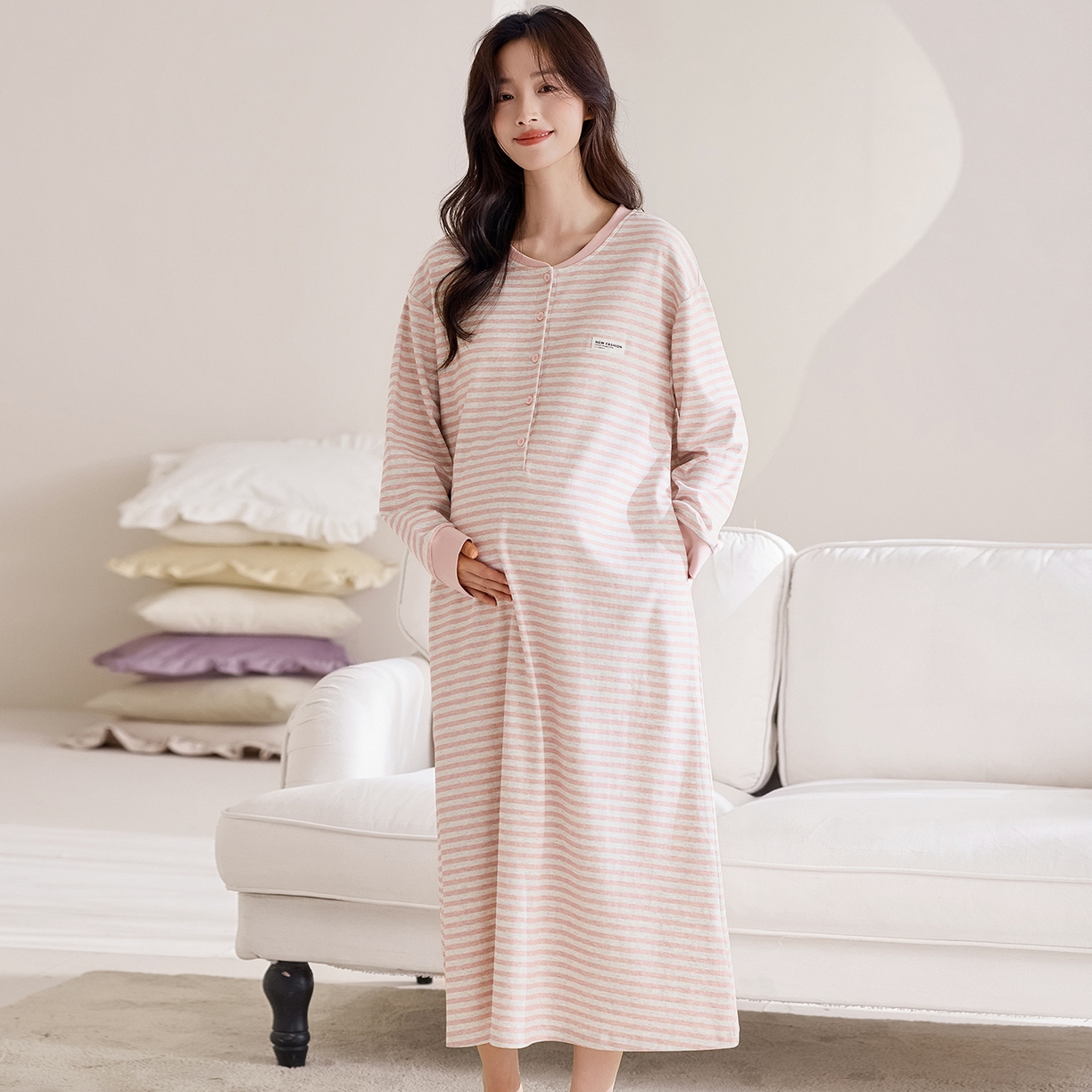 91家纺网 家纺一手货源 找家纺 洛兰沙家居馆 2026新款长袖全棉纯棉孕妇睡裙女带胸垫产前产后哺乳喂奶月子服连衣裙 月子裙2