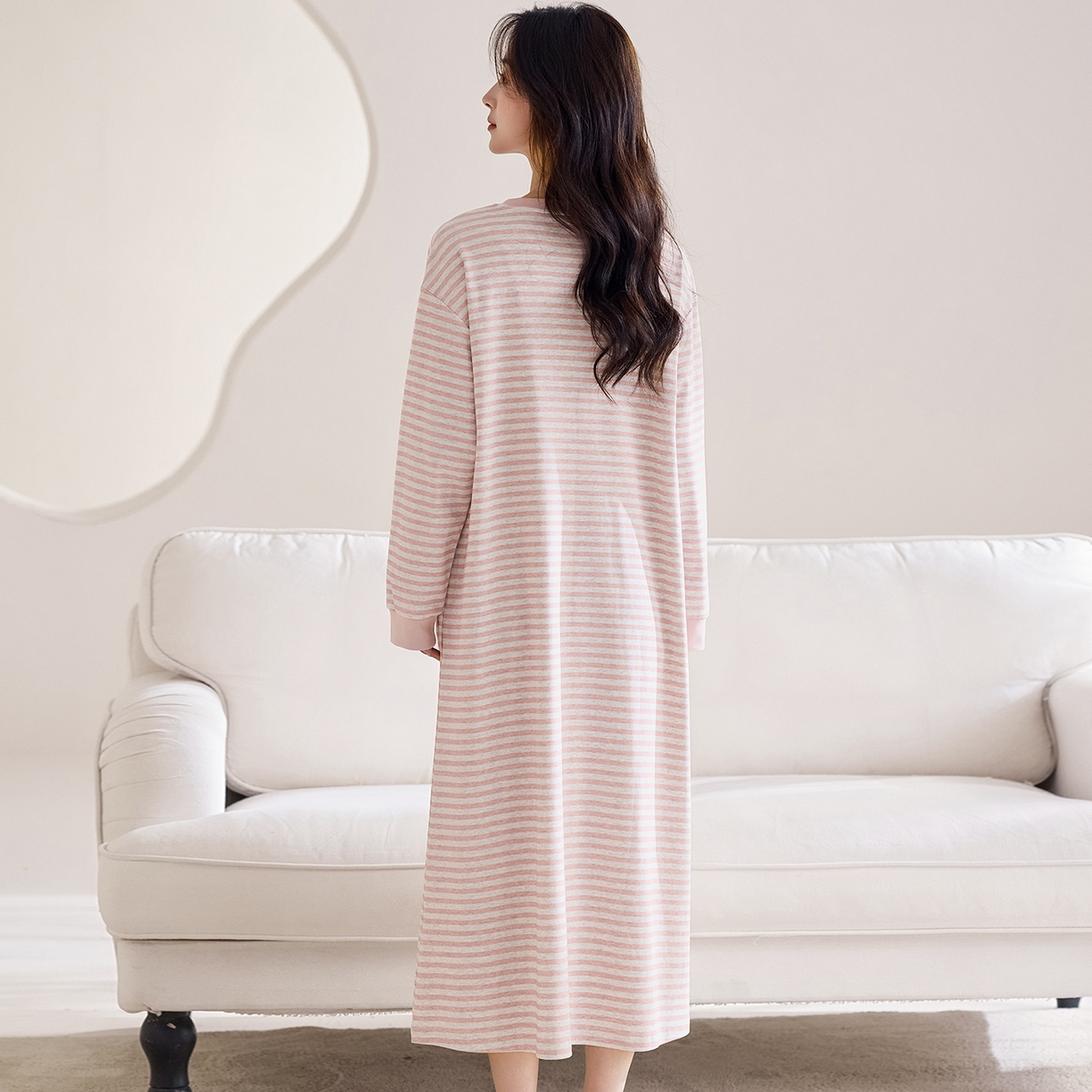 91家纺网 家纺一手货源 找家纺 洛兰沙家居馆 2026新款长袖全棉纯棉孕妇睡裙女带胸垫产前产后哺乳喂奶月子服连衣裙 月子裙2