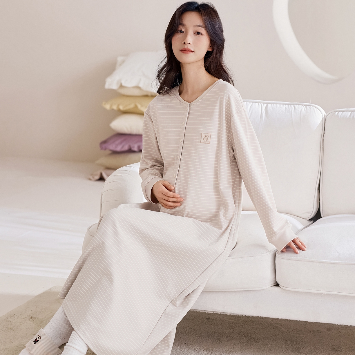 91家纺网 家纺一手货源 找家纺 洛兰沙家居馆 2026新款长袖全棉纯棉孕妇睡裙女带胸垫产前产后哺乳喂奶月子服连衣裙 月子裙3