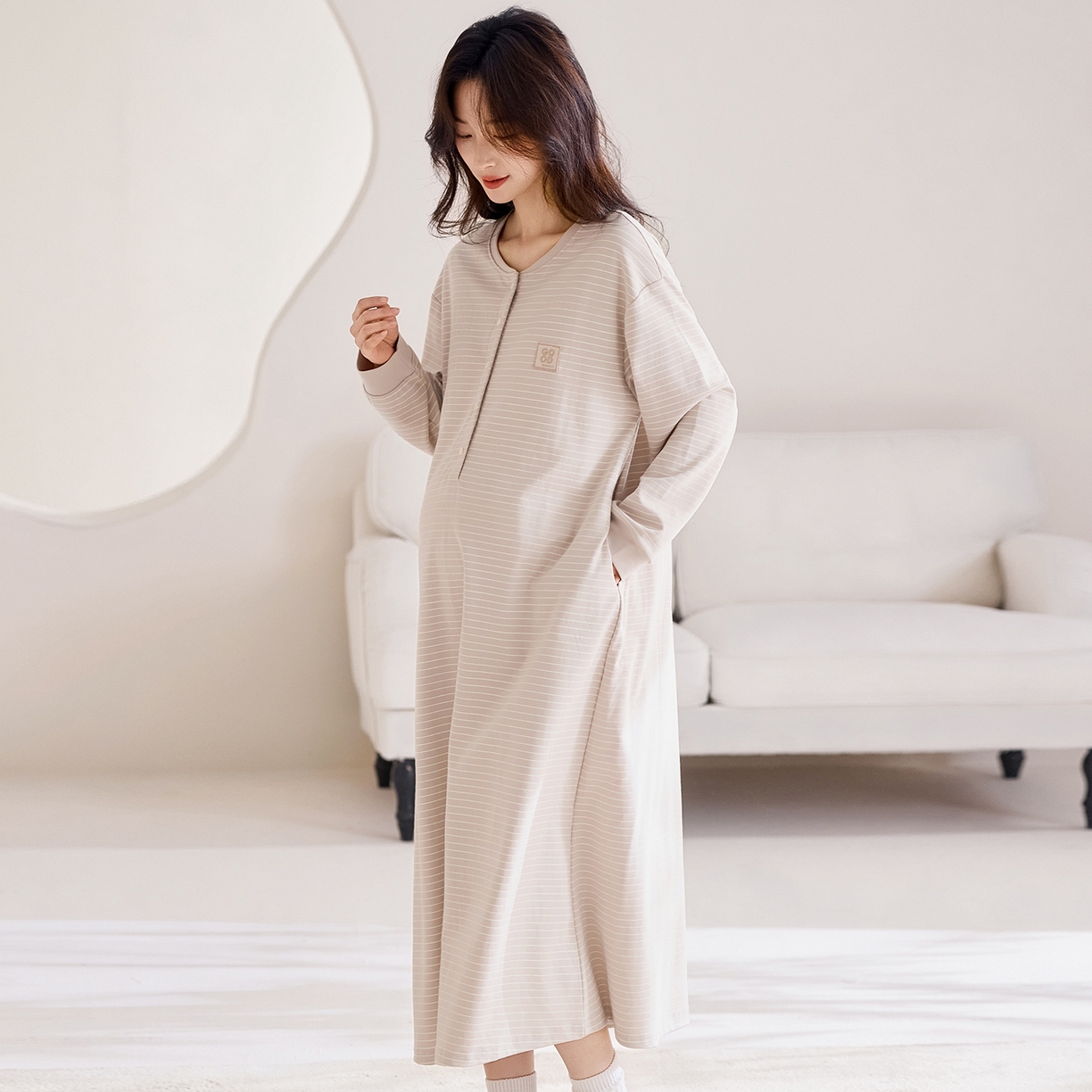 91家纺网 家纺一手货源 找家纺 洛兰沙家居馆 2026新款长袖全棉纯棉孕妇睡裙女带胸垫产前产后哺乳喂奶月子服连衣裙 月子裙3