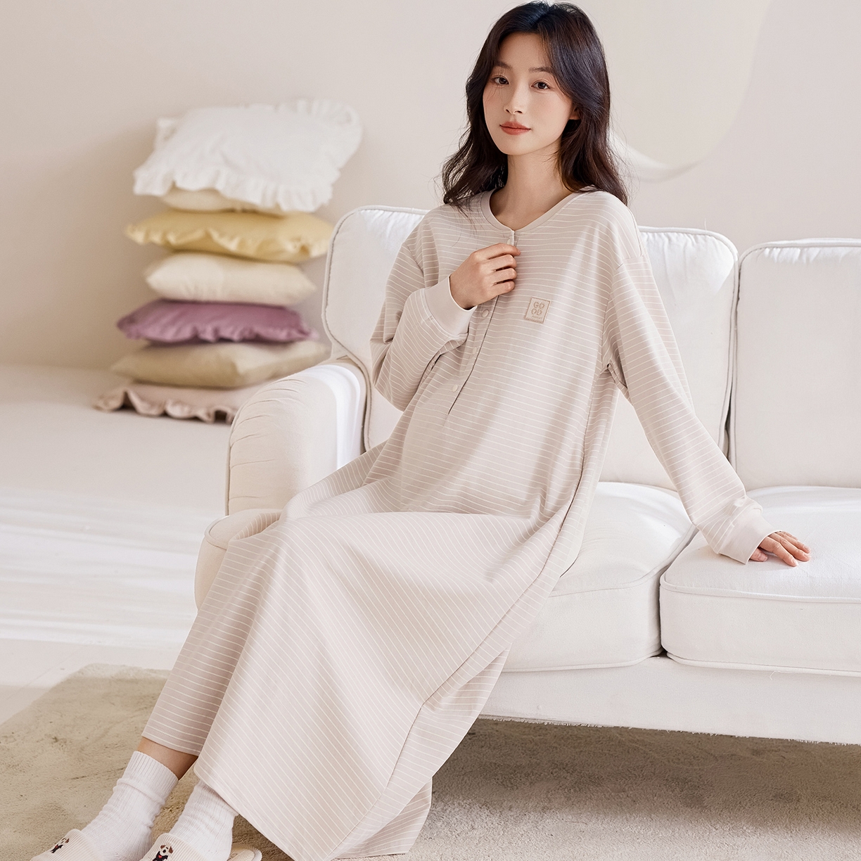 91家纺网 家纺一手货源 找家纺 洛兰沙家居馆 2026新款长袖全棉纯棉孕妇睡裙女带胸垫产前产后哺乳喂奶月子服连衣裙 月子裙3