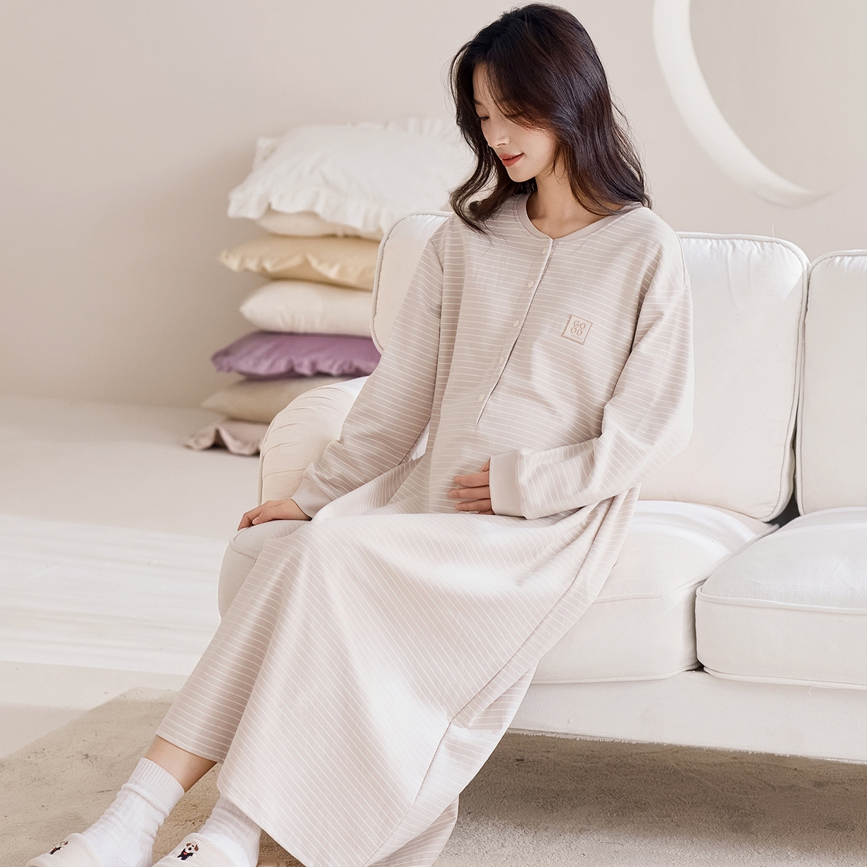 91家纺网 家纺一手货源 找家纺 洛兰沙家居馆 2026新款长袖全棉纯棉孕妇睡裙女带胸垫产前产后哺乳喂奶月子服连衣裙 月子裙3