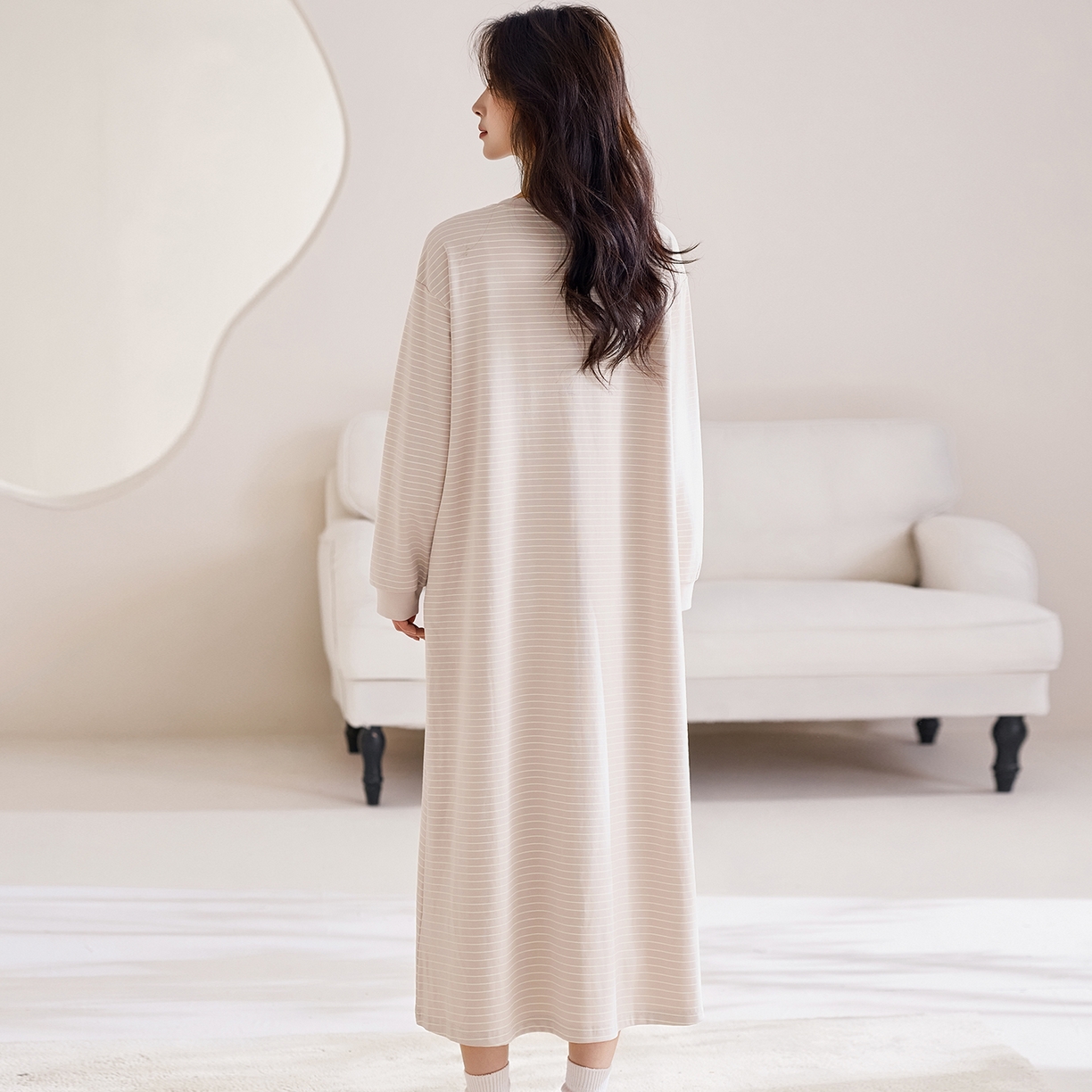 91家纺网 家纺一手货源 找家纺 洛兰沙家居馆 2026新款长袖全棉纯棉孕妇睡裙女带胸垫产前产后哺乳喂奶月子服连衣裙 月子裙3