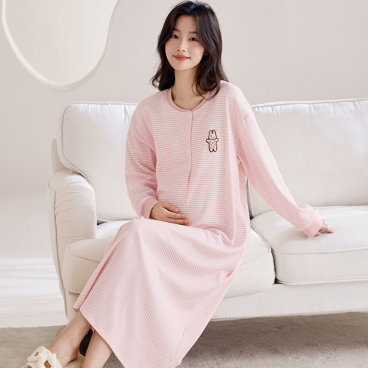 91家纺网 家纺一手货源 找家纺 洛兰沙家居馆 2026新款长袖全棉纯棉孕妇睡裙女带胸垫产前产后哺乳喂奶月子服连衣裙 月子裙4