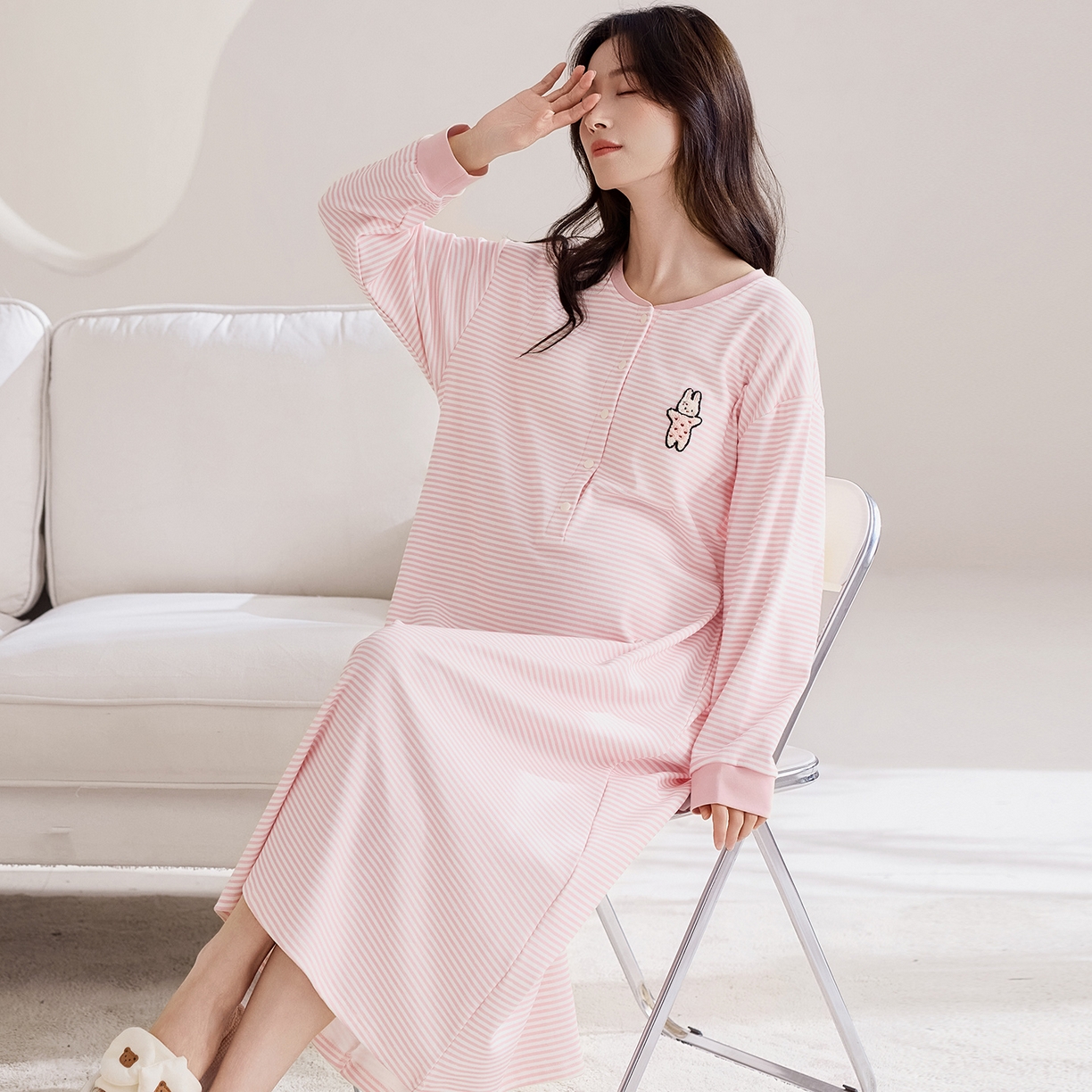 91家纺网 家纺一手货源 找家纺 洛兰沙家居馆 2026新款长袖全棉纯棉孕妇睡裙女带胸垫产前产后哺乳喂奶月子服连衣裙 月子裙4