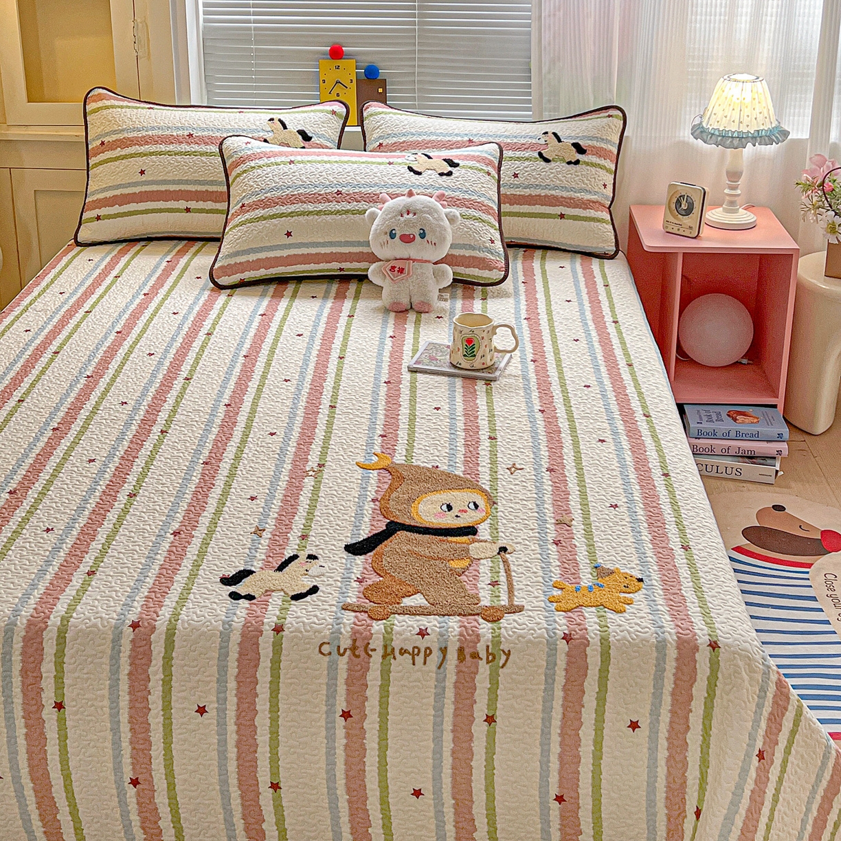 91家纺网 家纺一手货源 找家纺 鑫喜莱家纺 2026新款全棉纯棉原创毛巾绣床盖三件套单床盖软床垫 星星人