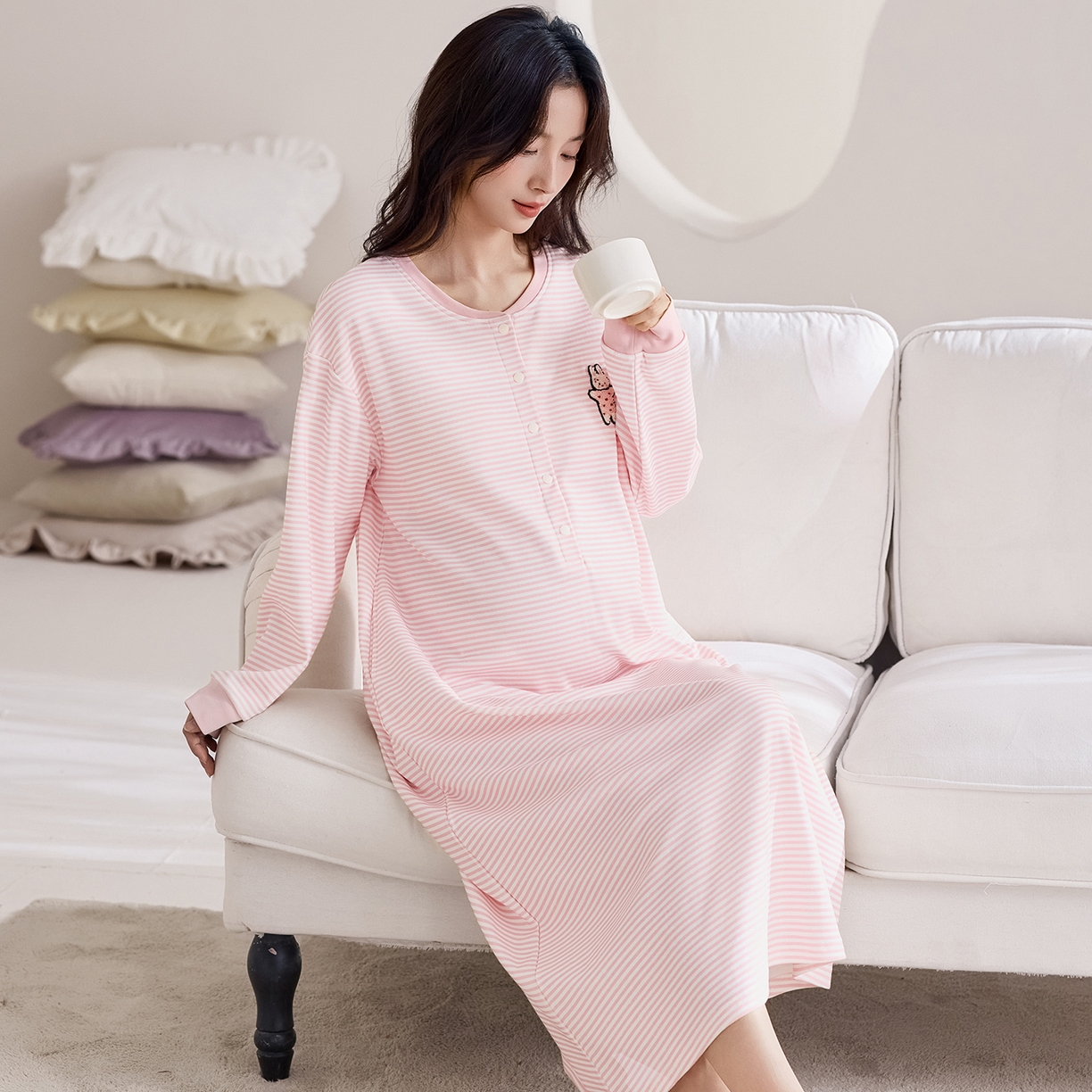 91家纺网 家纺一手货源 找家纺 洛兰沙家居馆 2026新款长袖全棉纯棉孕妇睡裙女带胸垫产前产后哺乳喂奶月子服连衣裙 月子裙4