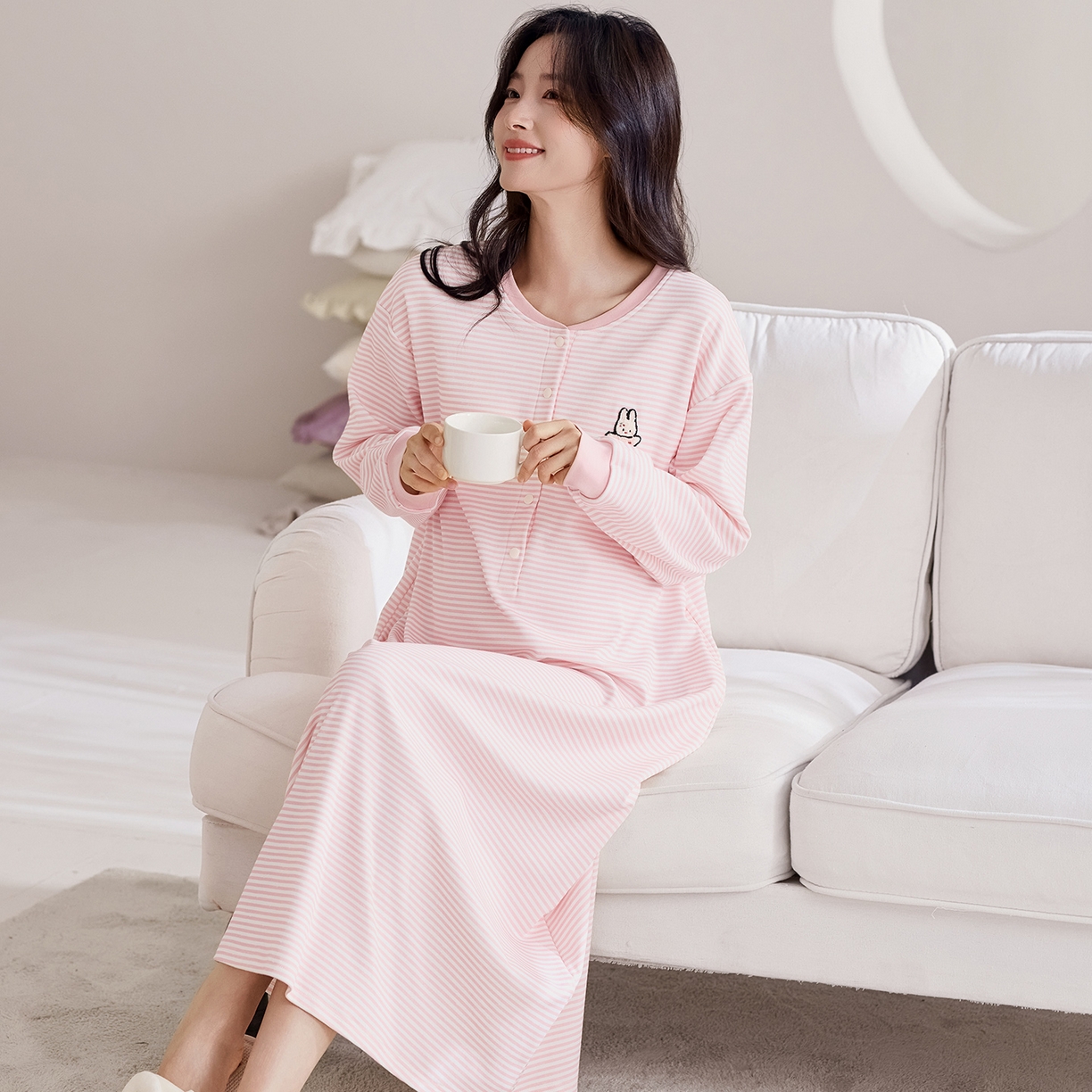 91家纺网 家纺一手货源 找家纺 洛兰沙家居馆 2026新款长袖全棉纯棉孕妇睡裙女带胸垫产前产后哺乳喂奶月子服连衣裙 月子裙4