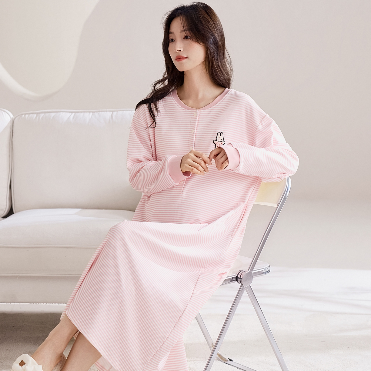 91家纺网 家纺一手货源 找家纺 洛兰沙家居馆 2026新款长袖全棉纯棉孕妇睡裙女带胸垫产前产后哺乳喂奶月子服连衣裙 月子裙4