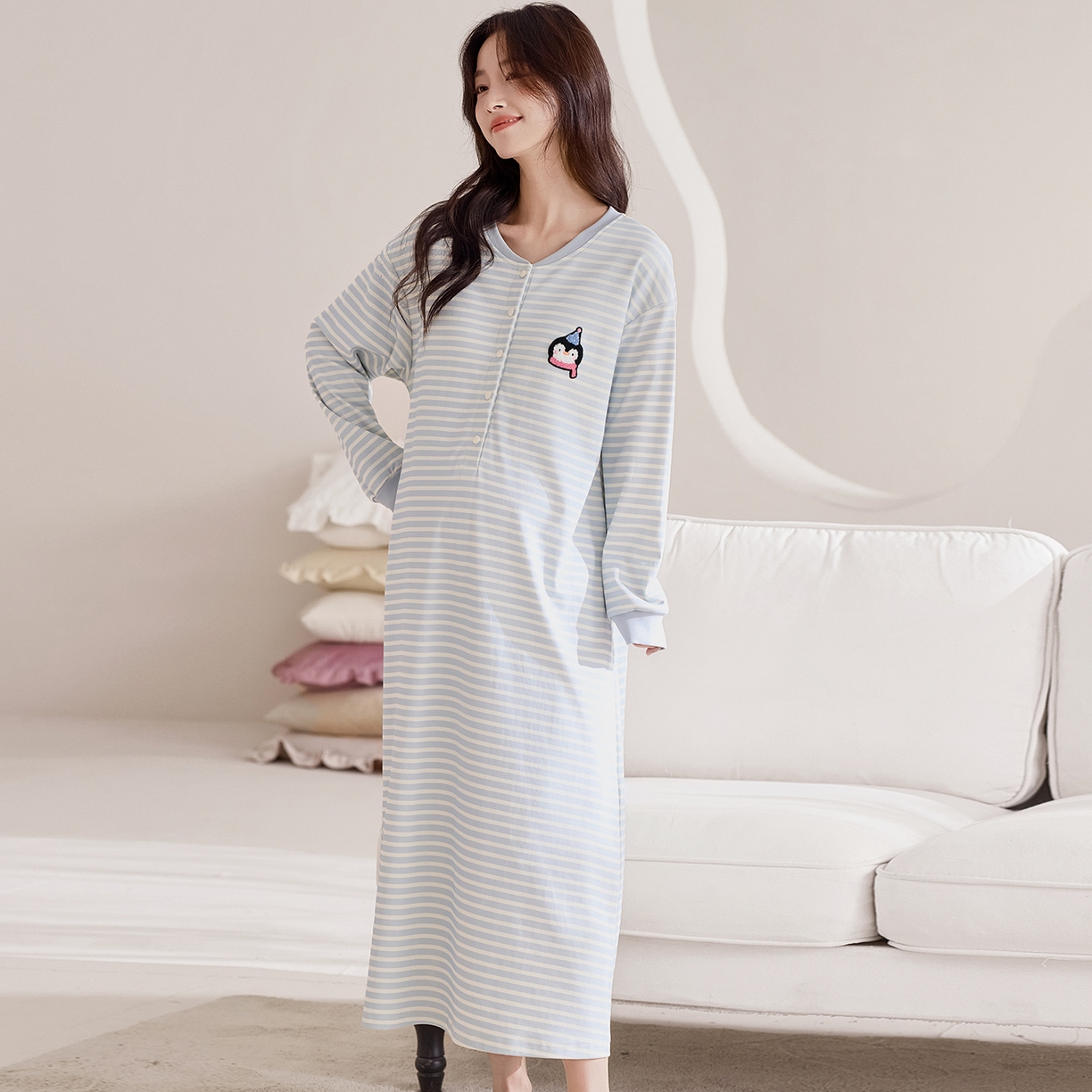 91家纺网 家纺一手货源 找家纺 洛兰沙家居馆 2026新款长袖全棉纯棉孕妇睡裙女带胸垫产前产后哺乳喂奶月子服连衣裙 月子裙5