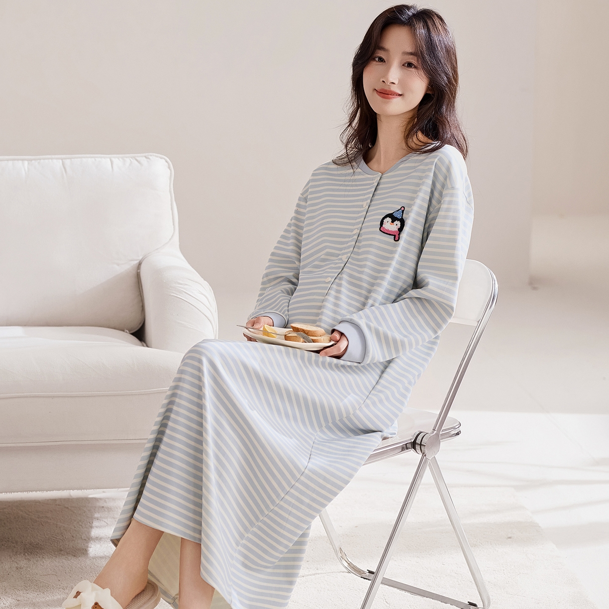 91家纺网 家纺一手货源 找家纺 洛兰沙家居馆 2026新款长袖全棉纯棉孕妇睡裙女带胸垫产前产后哺乳喂奶月子服连衣裙 月子裙5