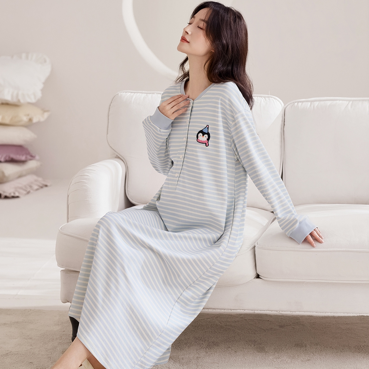 91家纺网 家纺一手货源 找家纺 洛兰沙家居馆 2026新款长袖全棉纯棉孕妇睡裙女带胸垫产前产后哺乳喂奶月子服连衣裙 月子裙5