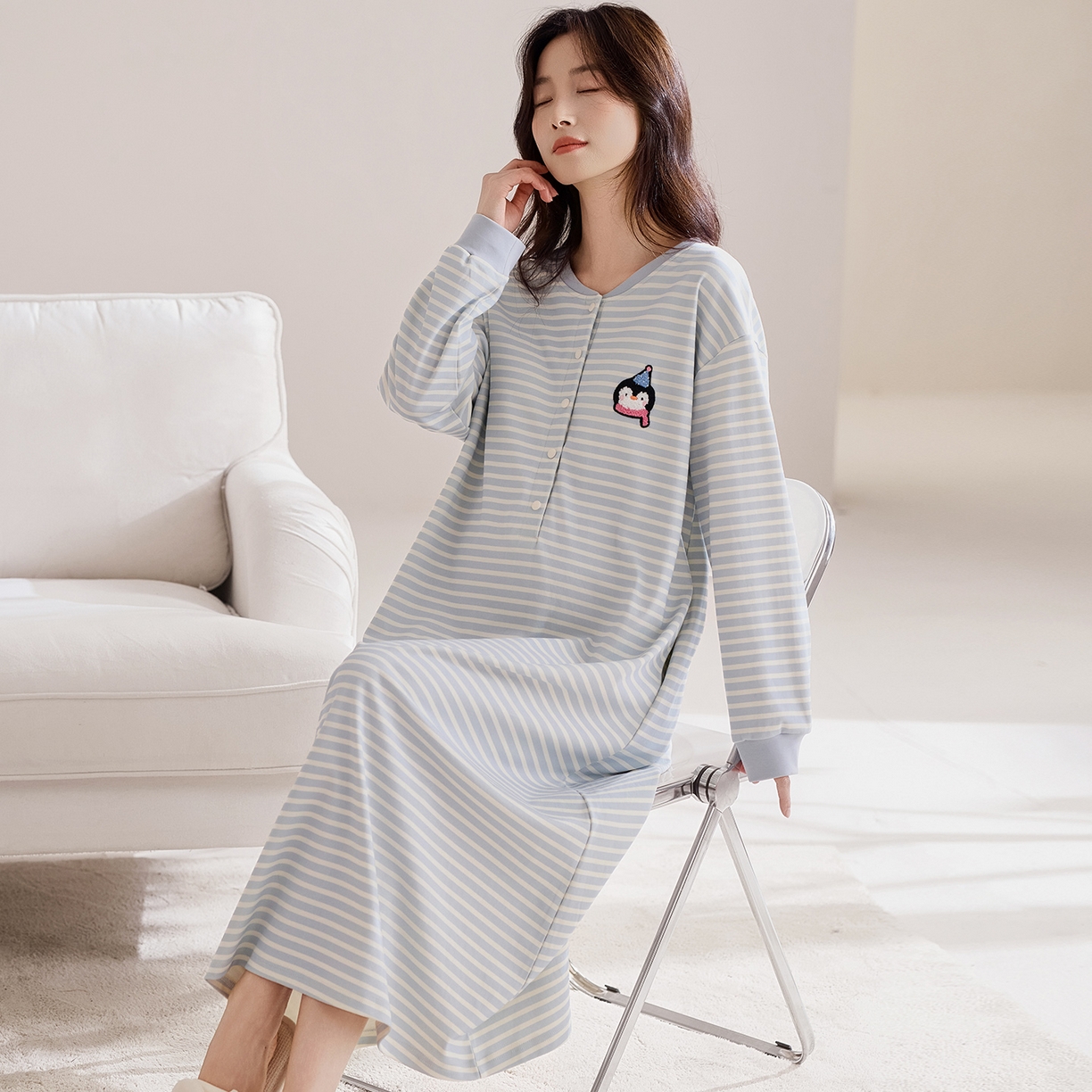 91家纺网 家纺一手货源 找家纺 洛兰沙家居馆 2026新款长袖全棉纯棉孕妇睡裙女带胸垫产前产后哺乳喂奶月子服连衣裙 月子裙5