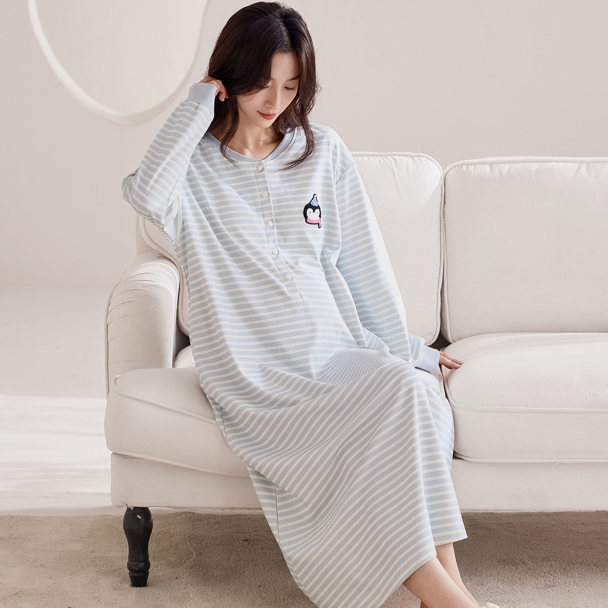 91家纺网 家纺一手货源 找家纺 洛兰沙家居馆 2026新款长袖全棉纯棉孕妇睡裙女带胸垫产前产后哺乳喂奶月子服连衣裙 月子裙5