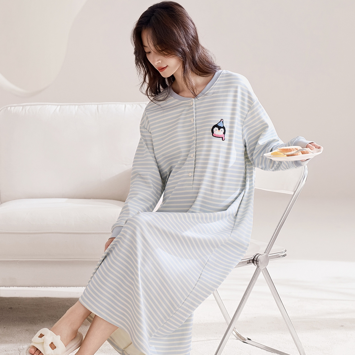 91家纺网 家纺一手货源 找家纺 洛兰沙家居馆 2026新款长袖全棉纯棉孕妇睡裙女带胸垫产前产后哺乳喂奶月子服连衣裙 月子裙5