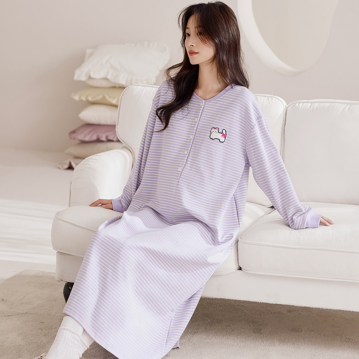 91家纺网 家纺一手货源 找家纺 洛兰沙家居馆 2026新款长袖全棉纯棉孕妇睡裙女带胸垫产前产后哺乳喂奶月子服连衣裙 月子裙6