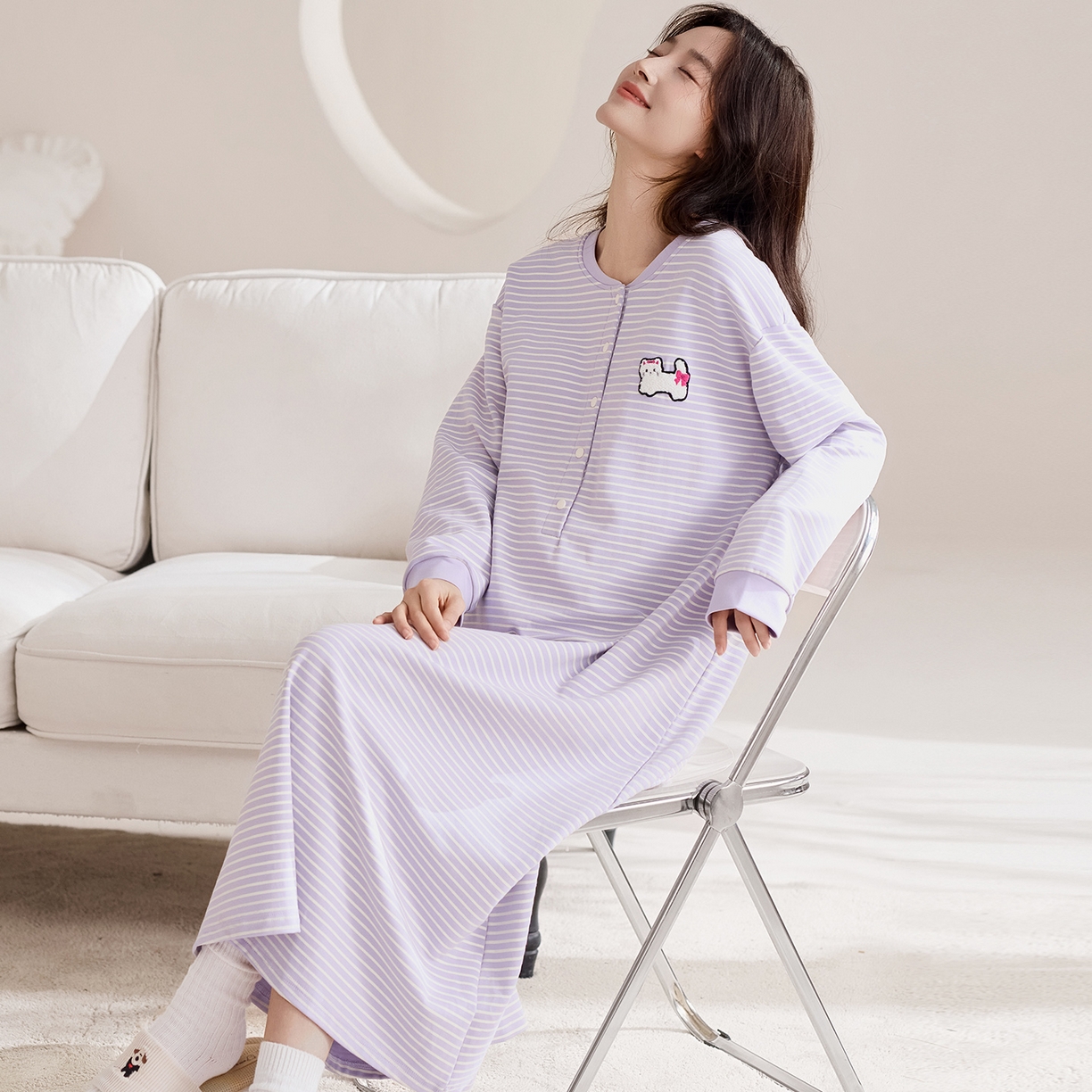 91家纺网 家纺一手货源 找家纺 洛兰沙家居馆 2026新款长袖全棉纯棉孕妇睡裙女带胸垫产前产后哺乳喂奶月子服连衣裙 月子裙6