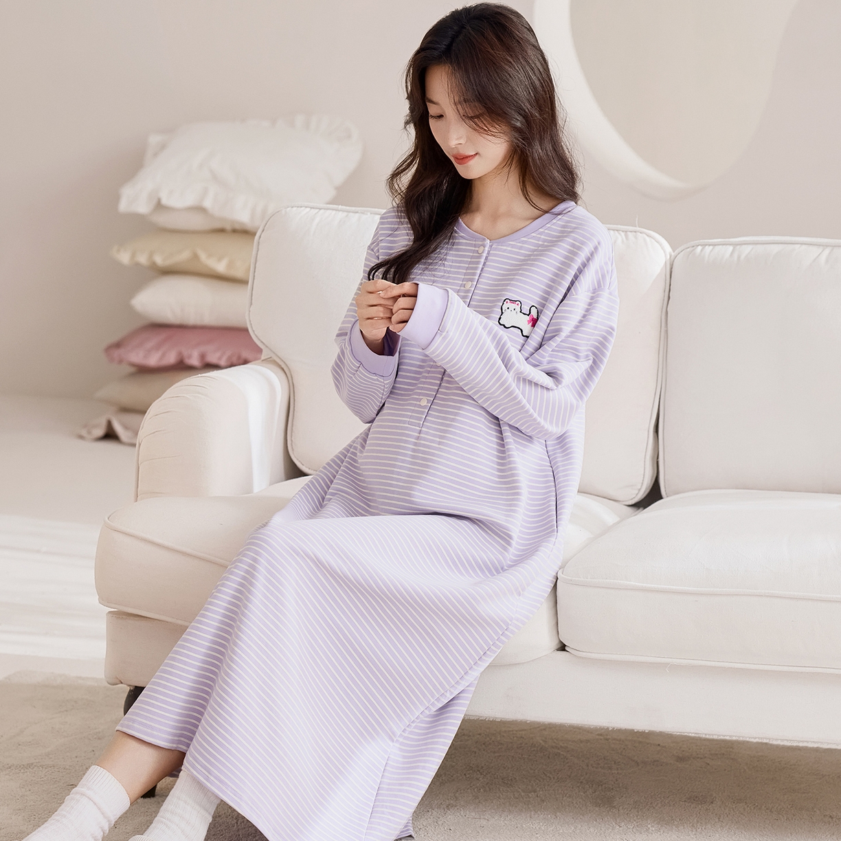 91家纺网 家纺一手货源 找家纺 洛兰沙家居馆 2026新款长袖全棉纯棉孕妇睡裙女带胸垫产前产后哺乳喂奶月子服连衣裙 月子裙6