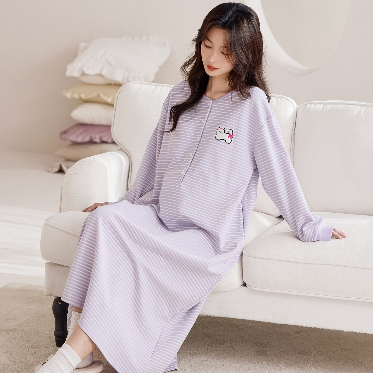 91家纺网 家纺一手货源 找家纺 洛兰沙家居馆 2026新款长袖全棉纯棉孕妇睡裙女带胸垫产前产后哺乳喂奶月子服连衣裙 月子裙6