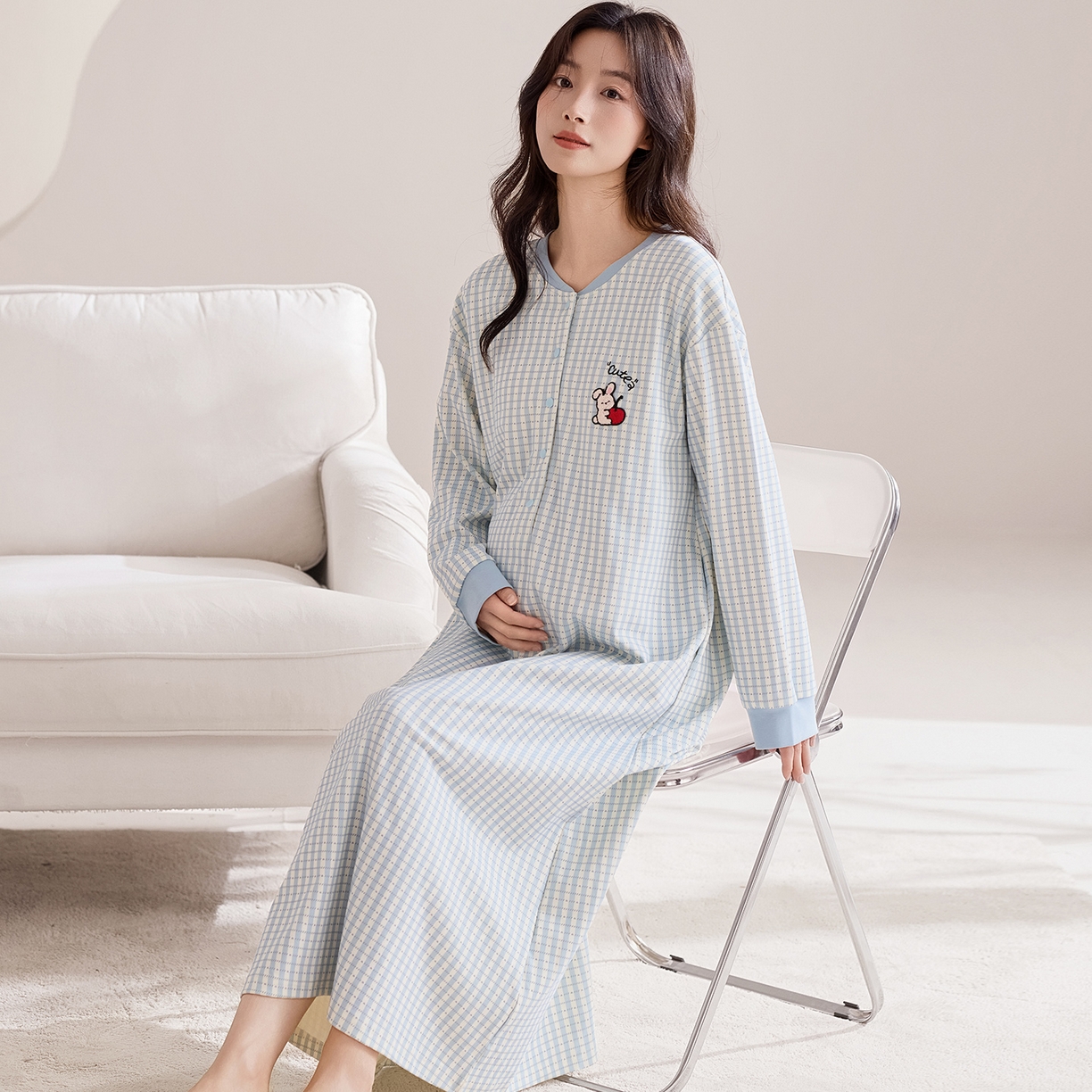 91家纺网 家纺一手货源 找家纺 洛兰沙家居馆 2026新款长袖全棉纯棉孕妇睡裙女带胸垫产前产后哺乳喂奶月子服连衣裙 月子裙7