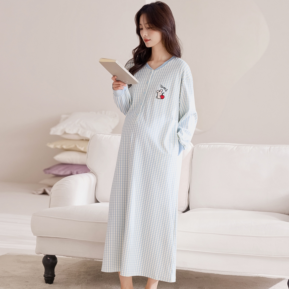 91家纺网 家纺一手货源 找家纺 洛兰沙家居馆 2026新款长袖全棉纯棉孕妇睡裙女带胸垫产前产后哺乳喂奶月子服连衣裙 月子裙7