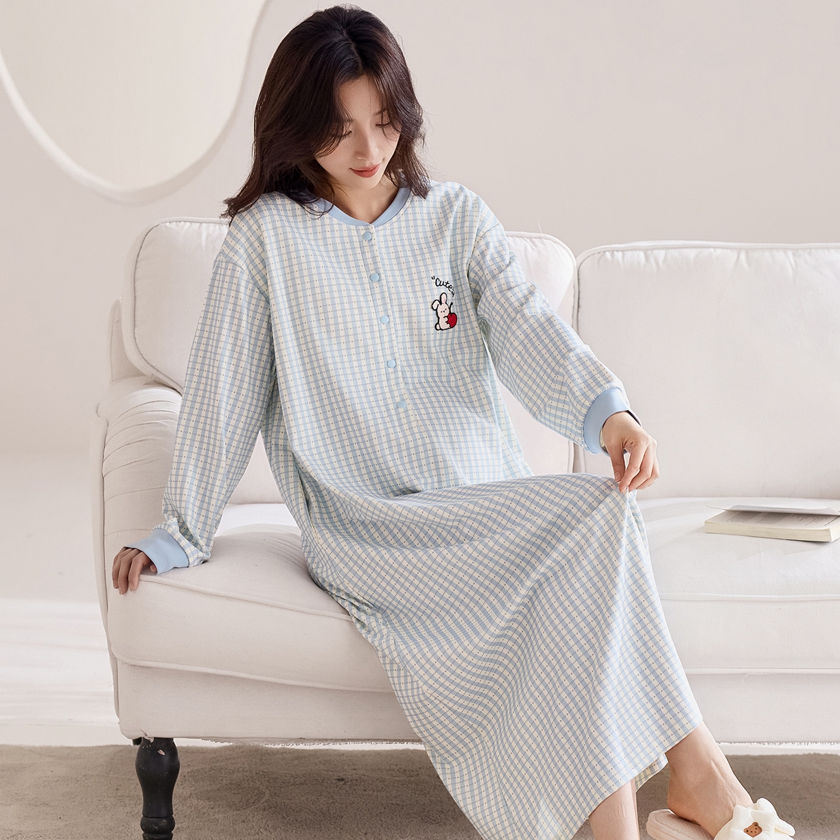 91家纺网 家纺一手货源 找家纺 洛兰沙家居馆 2026新款长袖全棉纯棉孕妇睡裙女带胸垫产前产后哺乳喂奶月子服连衣裙 月子裙7