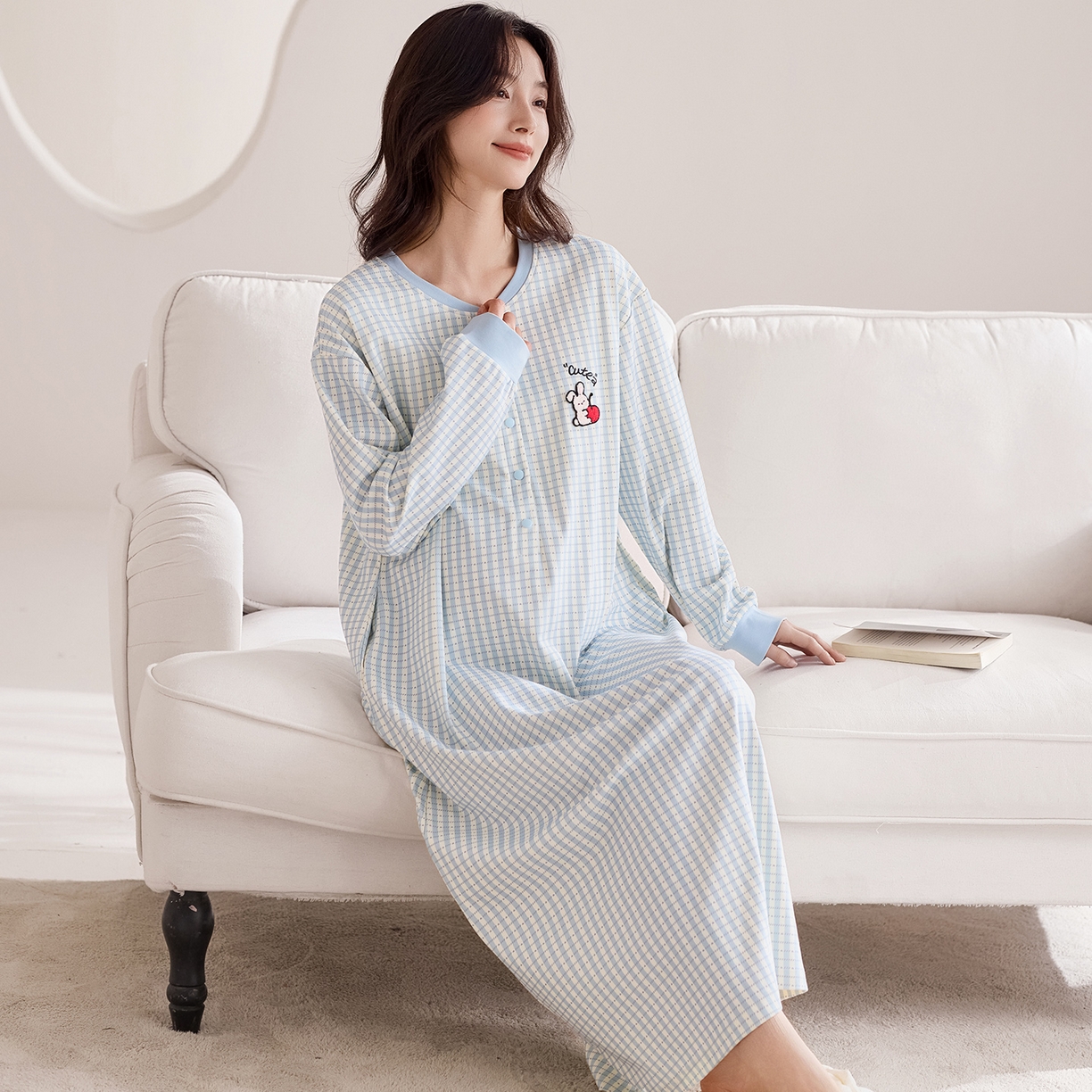 91家纺网 家纺一手货源 找家纺 洛兰沙家居馆 2026新款长袖全棉纯棉孕妇睡裙女带胸垫产前产后哺乳喂奶月子服连衣裙 月子裙7