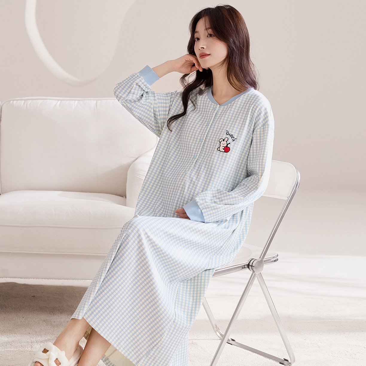 91家纺网 家纺一手货源 找家纺 洛兰沙家居馆 2026新款长袖全棉纯棉孕妇睡裙女带胸垫产前产后哺乳喂奶月子服连衣裙 月子裙7