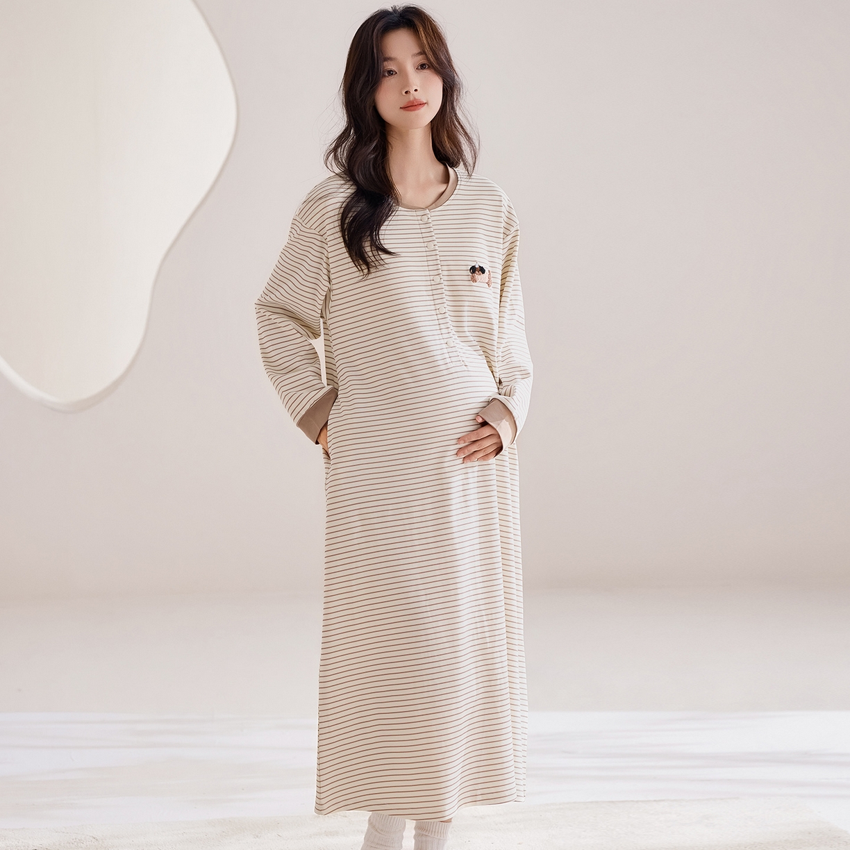 91家纺网 家纺一手货源 找家纺 洛兰沙家居馆 2026新款长袖全棉纯棉孕妇睡裙女带胸垫产前产后哺乳喂奶月子服连衣裙 月子裙8