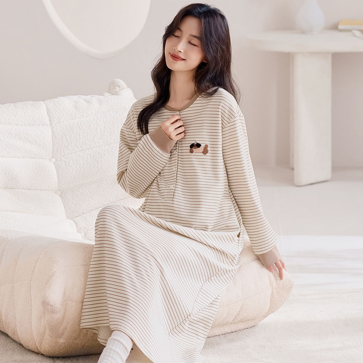 91家纺网 家纺一手货源 找家纺 洛兰沙家居馆 2026新款长袖全棉纯棉孕妇睡裙女带胸垫产前产后哺乳喂奶月子服连衣裙 月子裙8