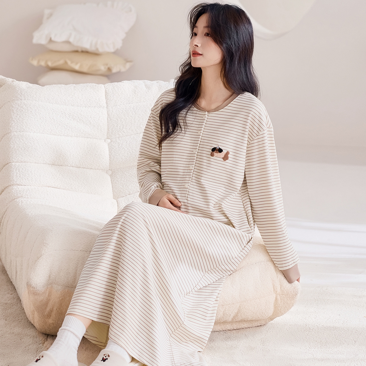 91家纺网 家纺一手货源 找家纺 洛兰沙家居馆 2026新款长袖全棉纯棉孕妇睡裙女带胸垫产前产后哺乳喂奶月子服连衣裙 月子裙8