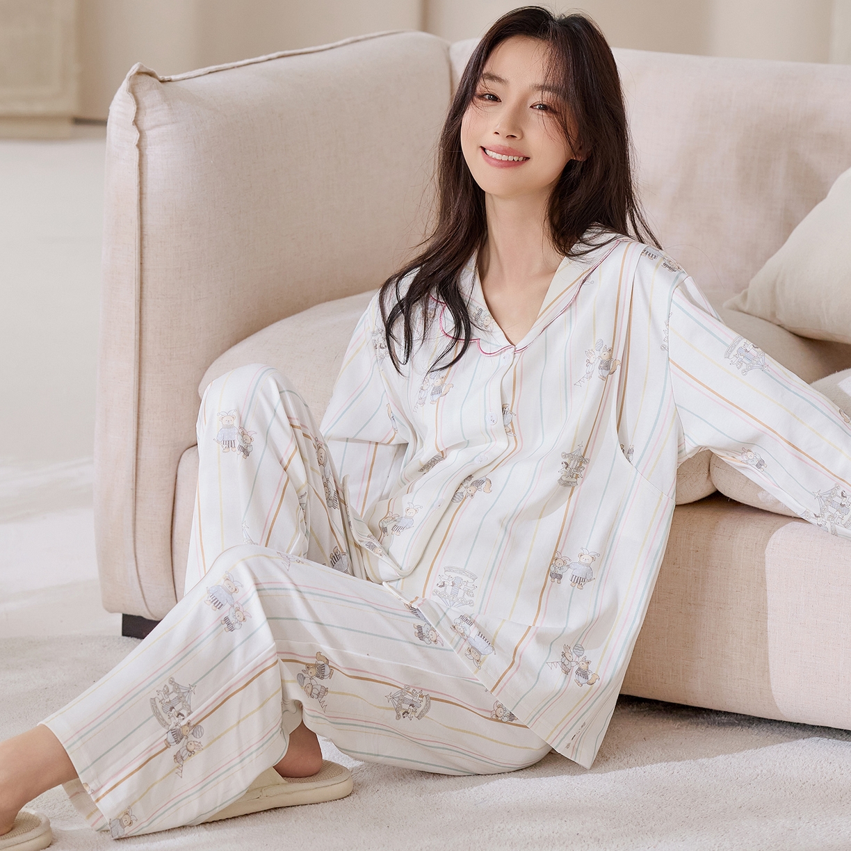 91家纺网 家纺一手货源 找家纺 （总）洛兰沙家居馆 2026春秋季新款小清新针织全棉纯棉100%翻领开衫双长孕妇月子服睡衣女