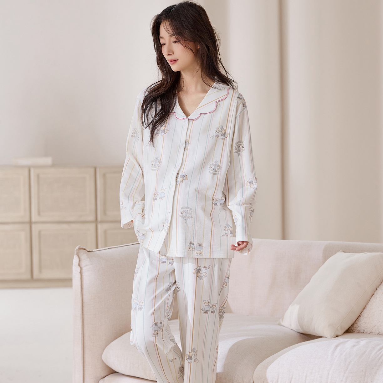 91家纺网 家纺一手货源 找家纺 （总）洛兰沙家居馆 2026春秋季新款小清新针织全棉纯棉100%翻领开衫双长孕妇月子服睡衣女