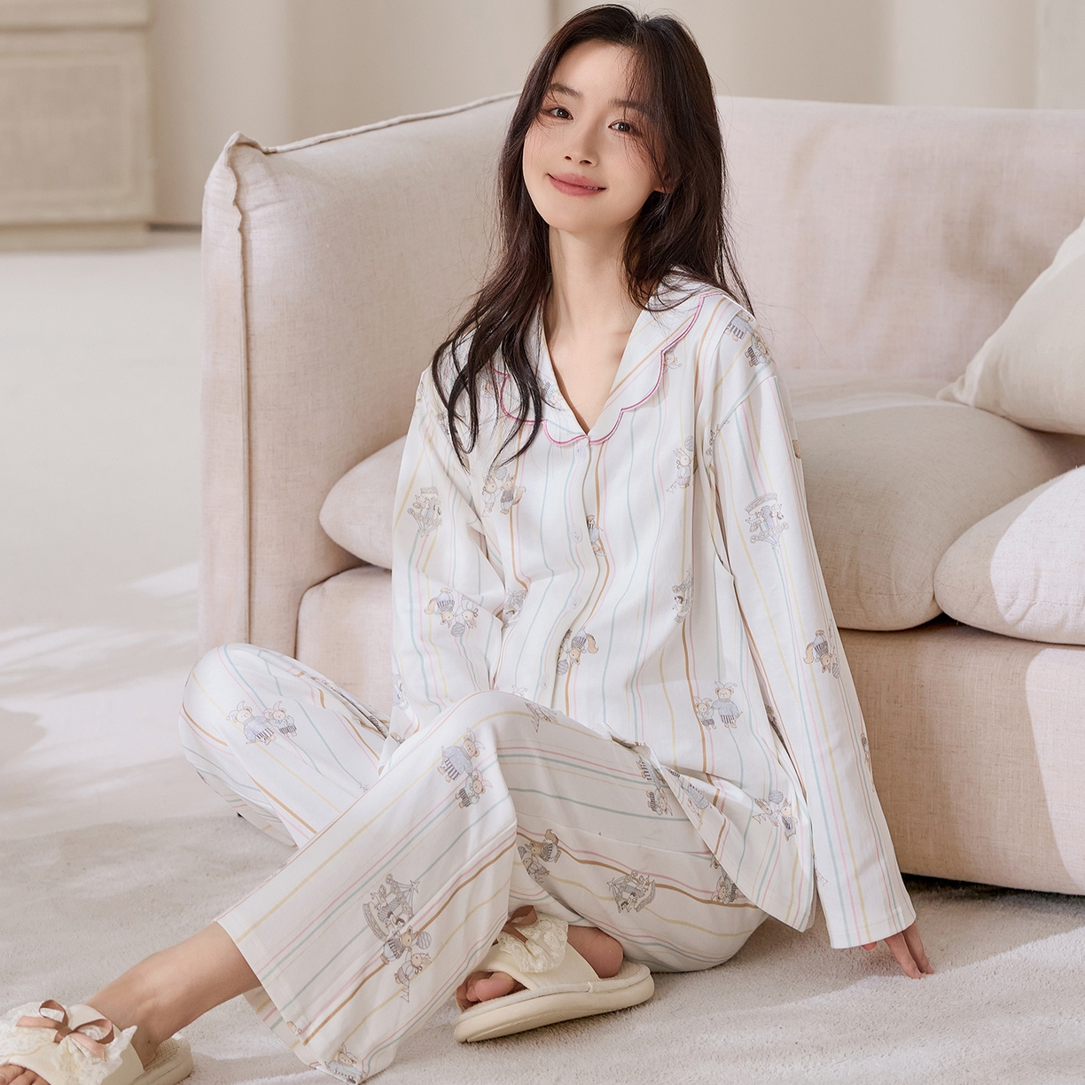 91家纺网 家纺一手货源 找家纺 洛兰沙家居馆 2026春秋季新款小清新针织全棉纯棉100%翻领开衫双长孕妇月子服睡衣女 翻领套装1