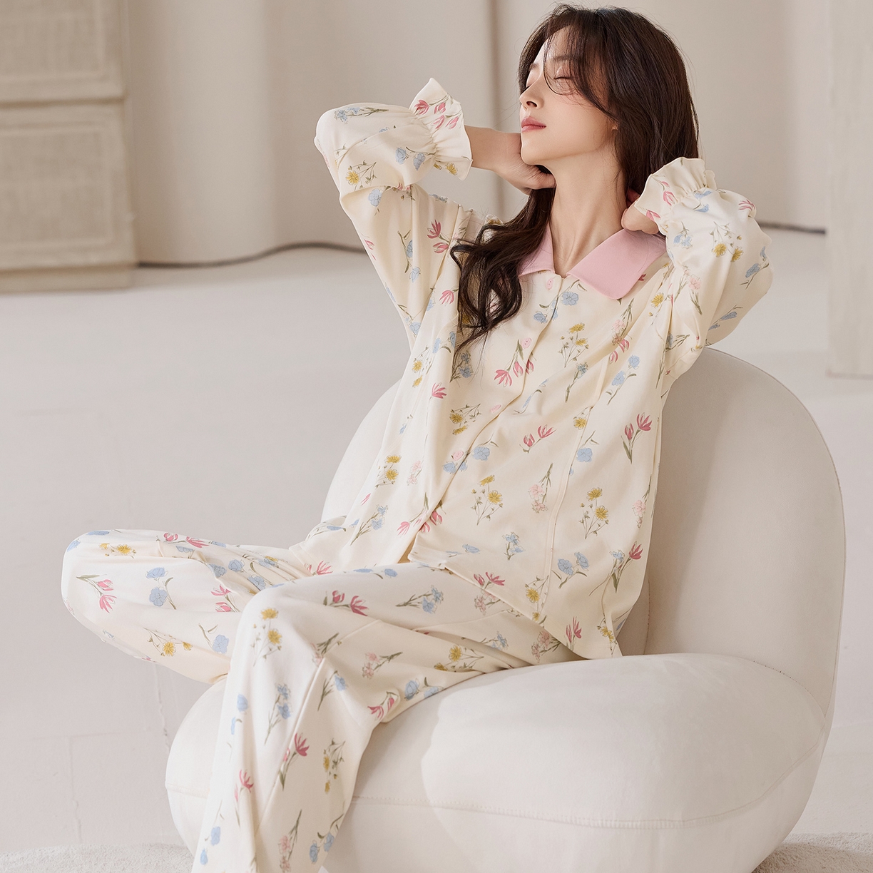 91家纺网 家纺一手货源 找家纺 洛兰沙家居馆 2026春秋季新款小清新针织全棉纯棉100%翻领开衫双长孕妇月子服睡衣女 翻领套装2