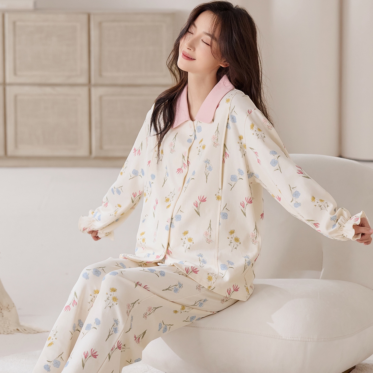 91家纺网 家纺一手货源 找家纺 洛兰沙家居馆 2026春秋季新款小清新针织全棉纯棉100%翻领开衫双长孕妇月子服睡衣女 翻领套装2