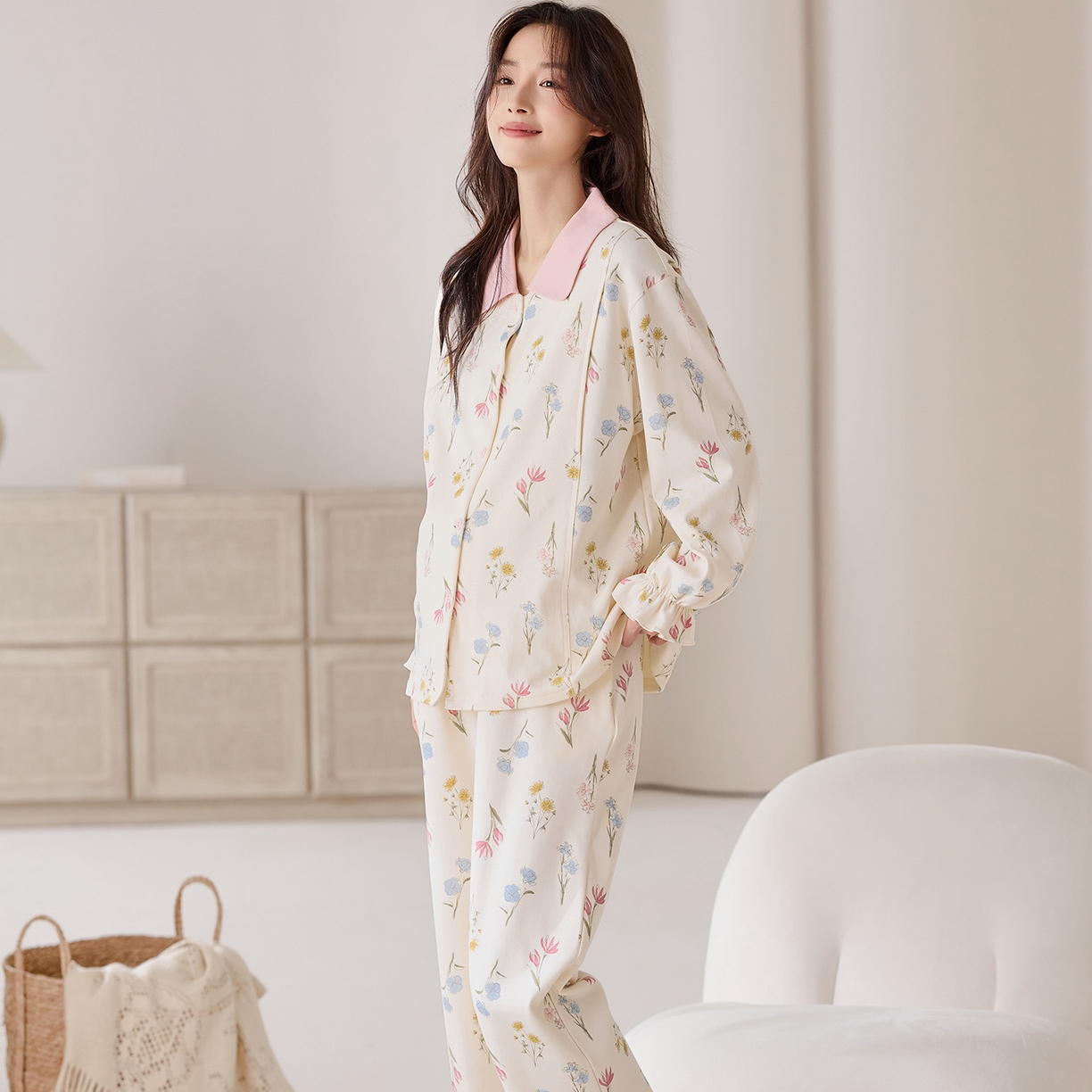 91家纺网 家纺一手货源 找家纺 洛兰沙家居馆 2026春秋季新款小清新针织全棉纯棉100%翻领开衫双长孕妇月子服睡衣女 翻领套装2