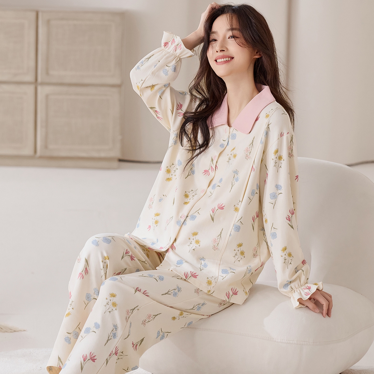 91家纺网 家纺一手货源 找家纺 洛兰沙家居馆 2026春秋季新款小清新针织全棉纯棉100%翻领开衫双长孕妇月子服睡衣女 翻领套装2