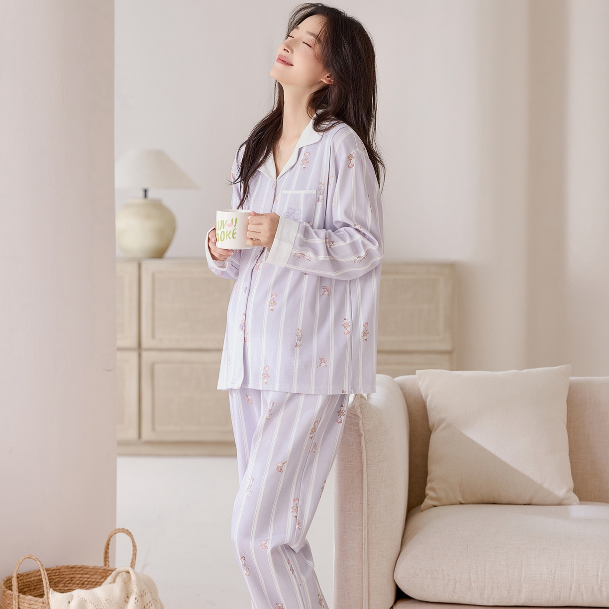 91家纺网 家纺一手货源 找家纺 洛兰沙家居馆 2026春秋季新款小清新针织全棉纯棉100%翻领开衫双长孕妇月子服睡衣女 翻领套装3