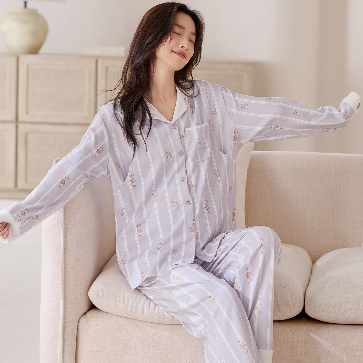 91家纺网 家纺一手货源 找家纺 洛兰沙家居馆 2026春秋季新款小清新针织全棉纯棉100%翻领开衫双长孕妇月子服睡衣女 翻领套装3