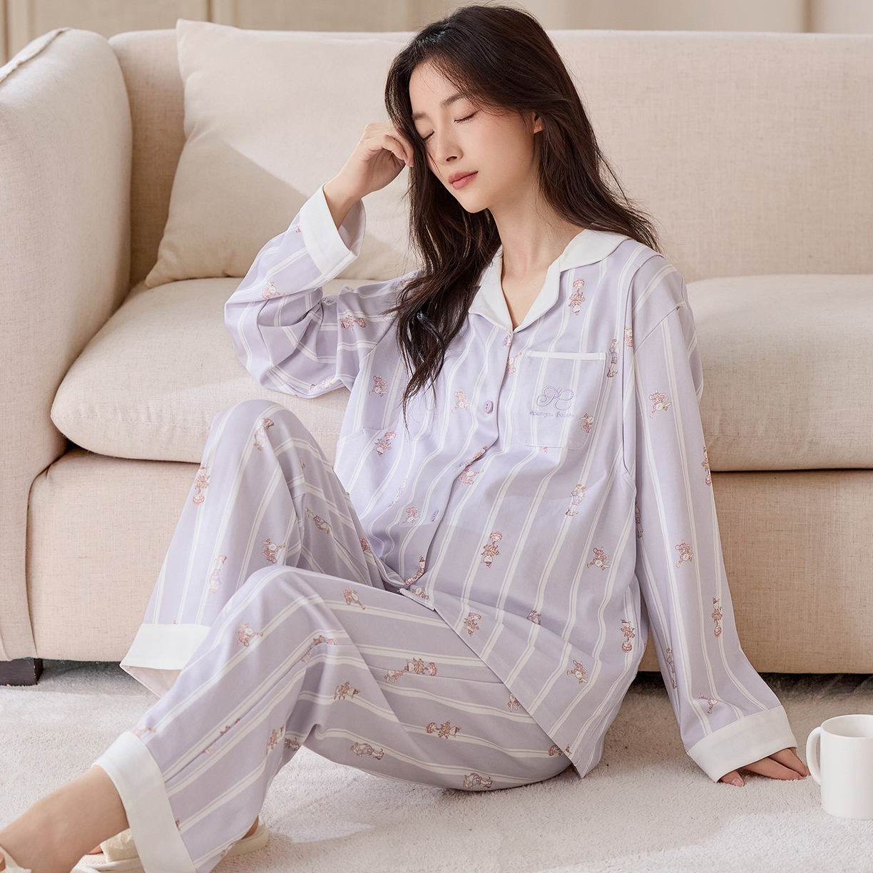 91家纺网 家纺一手货源 找家纺 洛兰沙家居馆 2026春秋季新款小清新针织全棉纯棉100%翻领开衫双长孕妇月子服睡衣女 翻领套装3